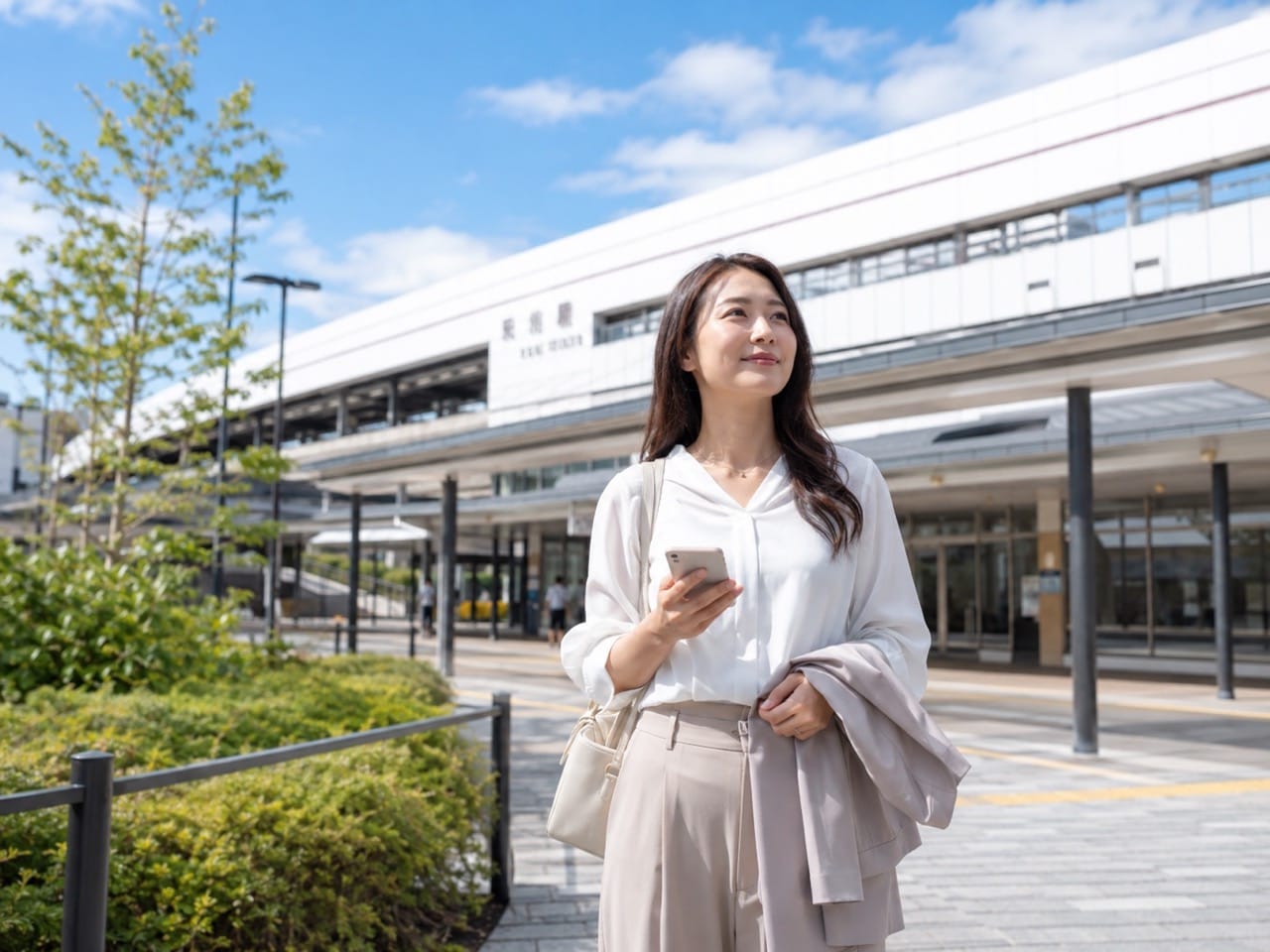 白いシャツと베이지ュのパンツを着た女性が、JRの駅前広場でスマートフォンを持ちながら空を見上げている。背景には駅舎と緑の木々、バス・タクシー乗り場の案内標識が見える。